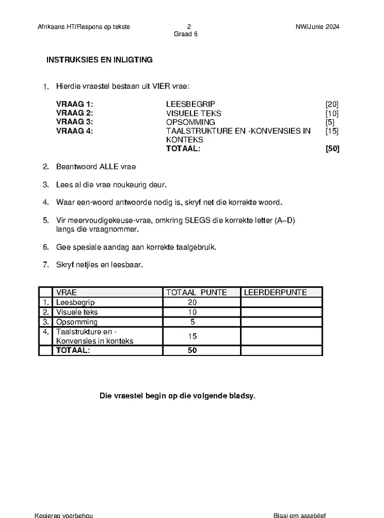 Afrikaans Grade 6 Term 2 2024 question paper preview