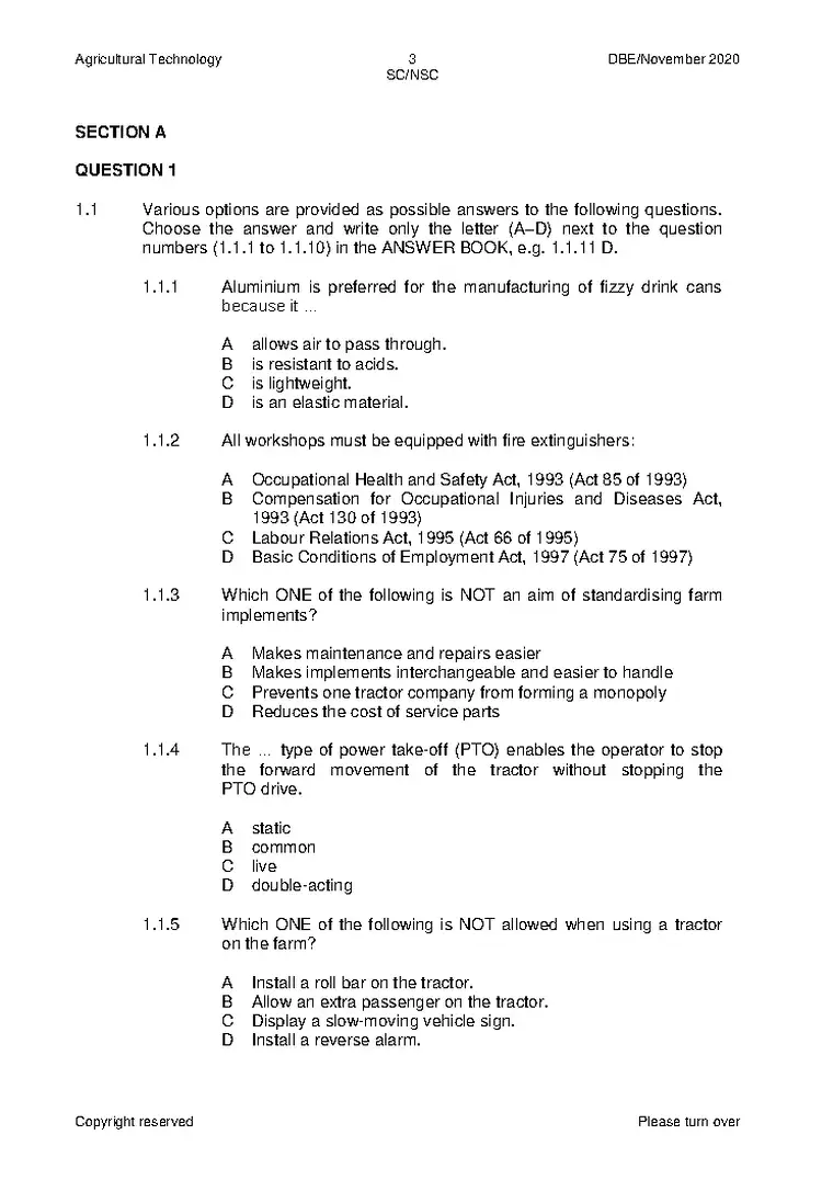 Agricultural Technology Grade 12 Term 4 November 2020 question paper PDF, preview of the first page of questions