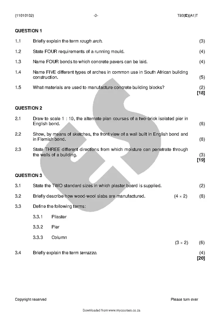 Bricklaying and Plastering Theory N2 August 2018 question paper PDF, preview of the first page of questions