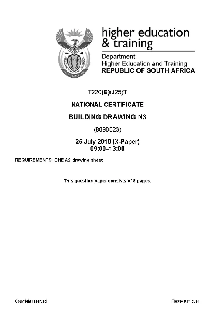 Building Drawing N3 August 2019 question paper PDF, preview of the first page of questions