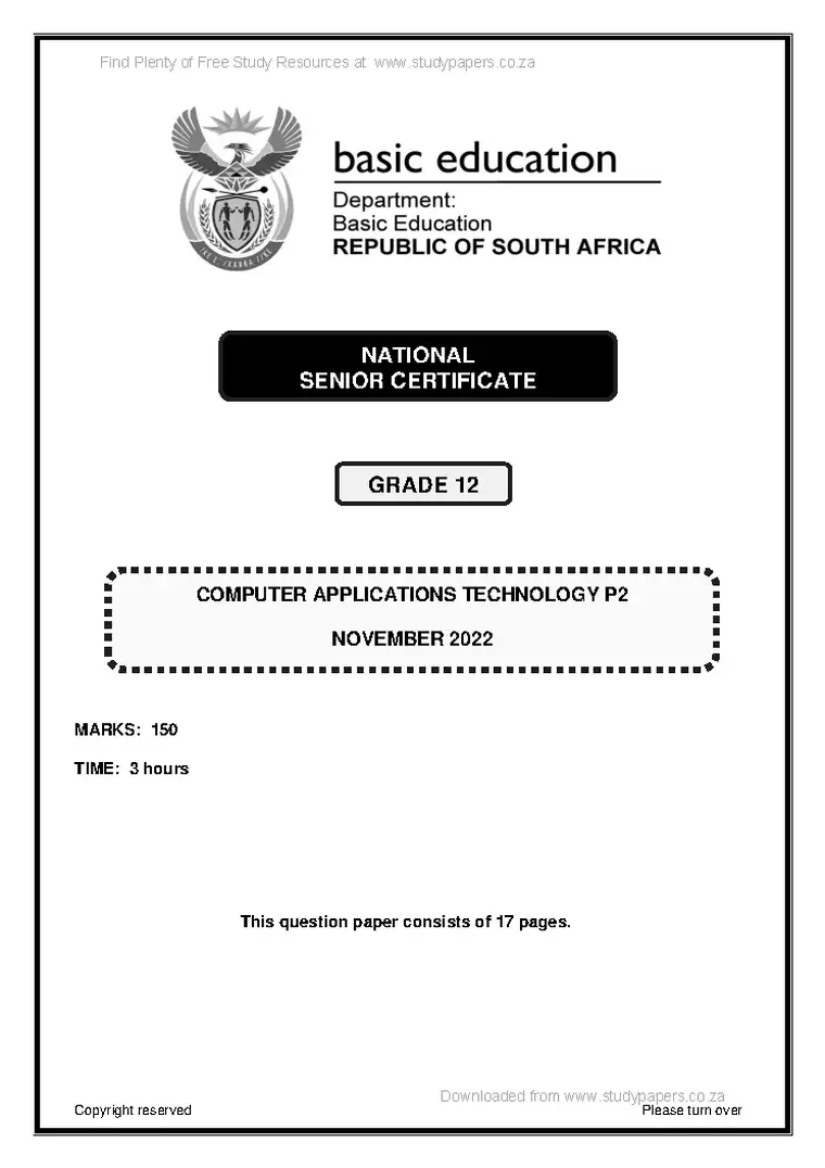 Computer Applications Technology (CAT) Grade 12 Term 4 November 2022 Paper 2 question paper PDF, preview of the first page of questions