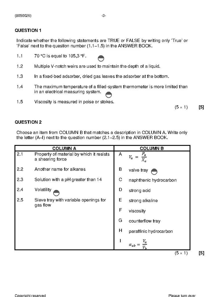 Chemical Plant Operation N6 August 2021 question paper preview