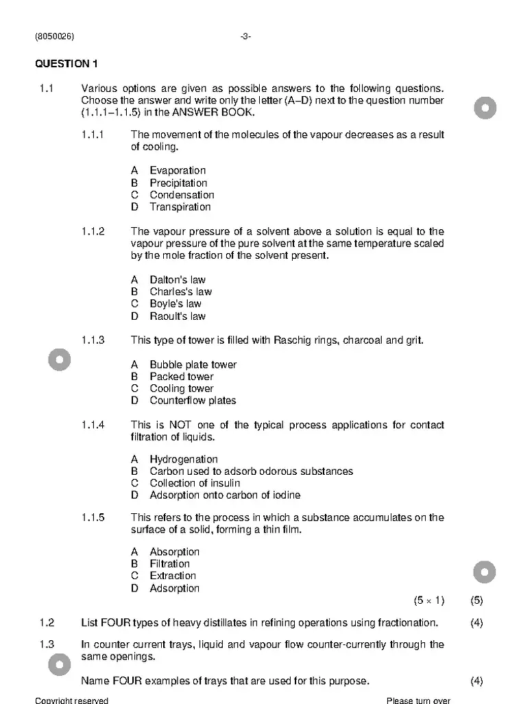 Chemical Plant Operation N6 November 2023 question paper preview