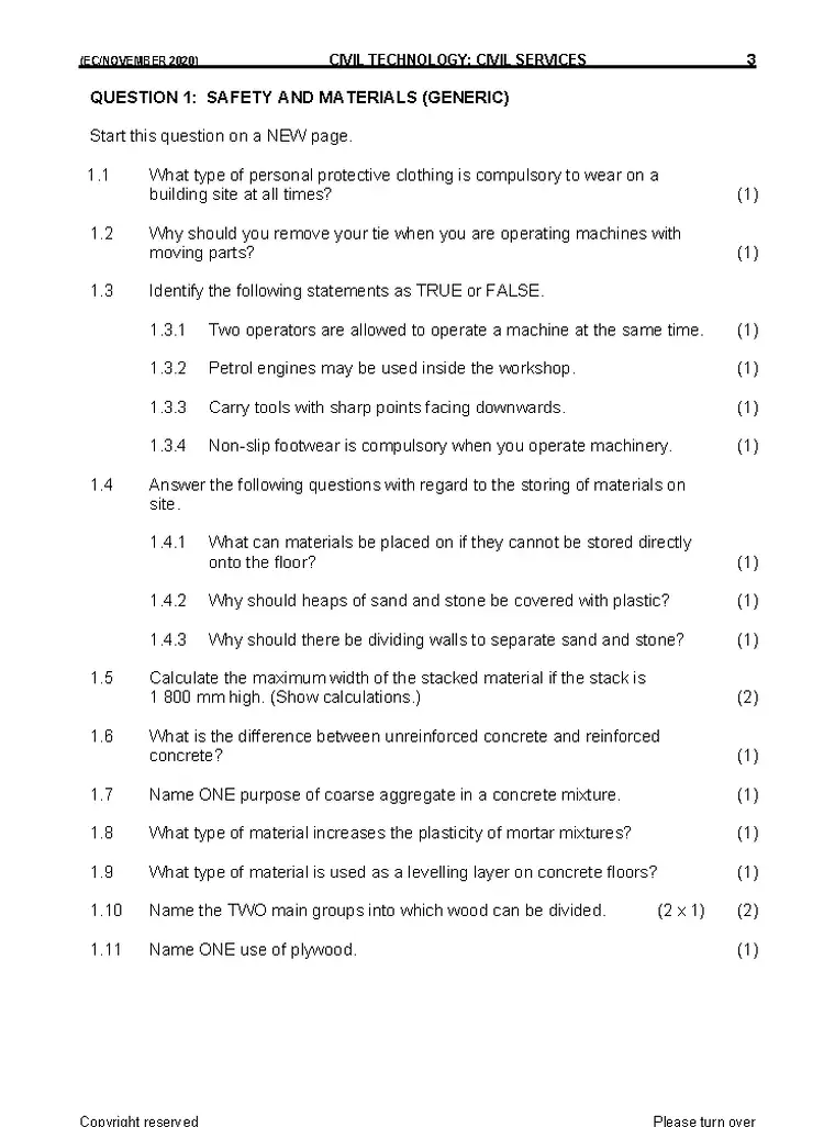 Civil Technology Grade 11 Term 4 2020 question paper preview