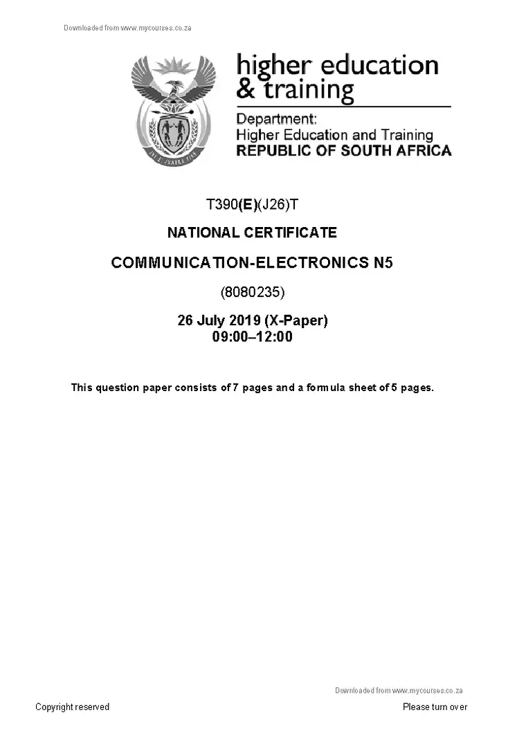 Communication Electronics N5 August 2019 question paper PDF, preview of the first page of questions