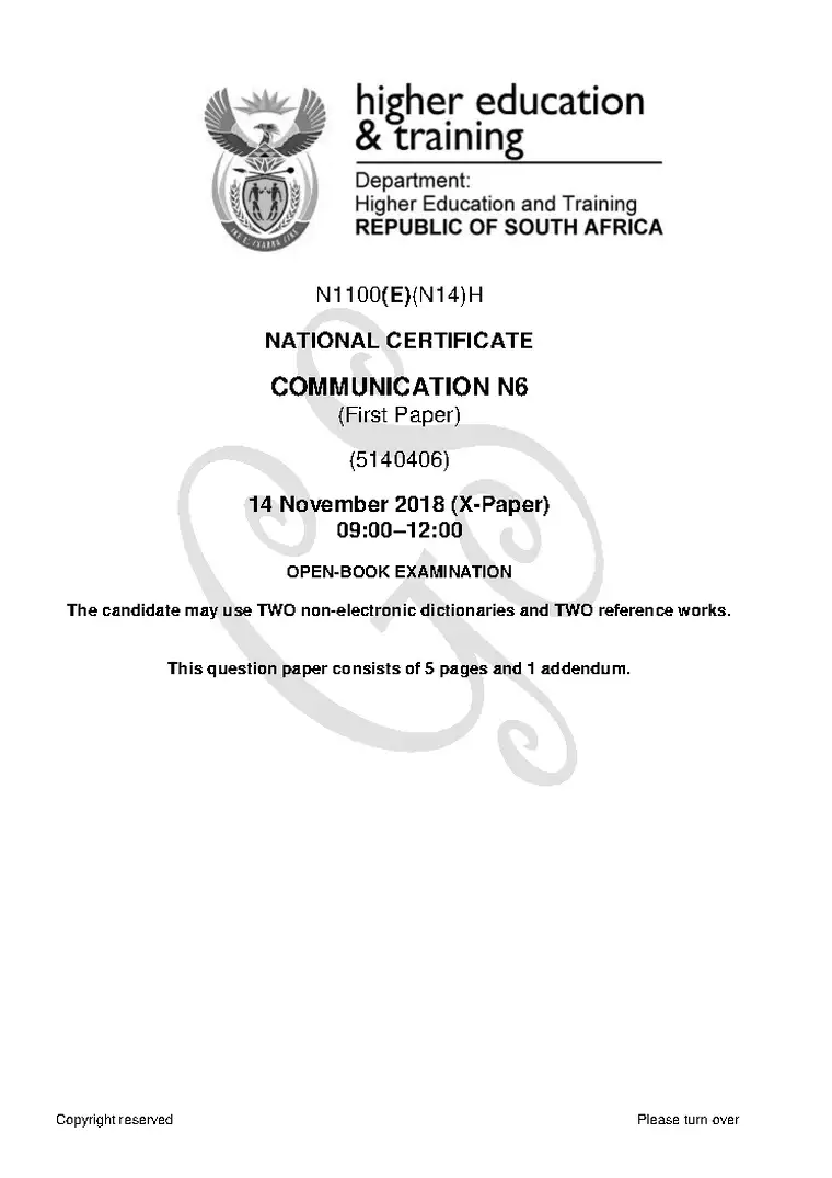 Communication N6 November 2018 Paper 1 question paper PDF, preview of the first page of questions