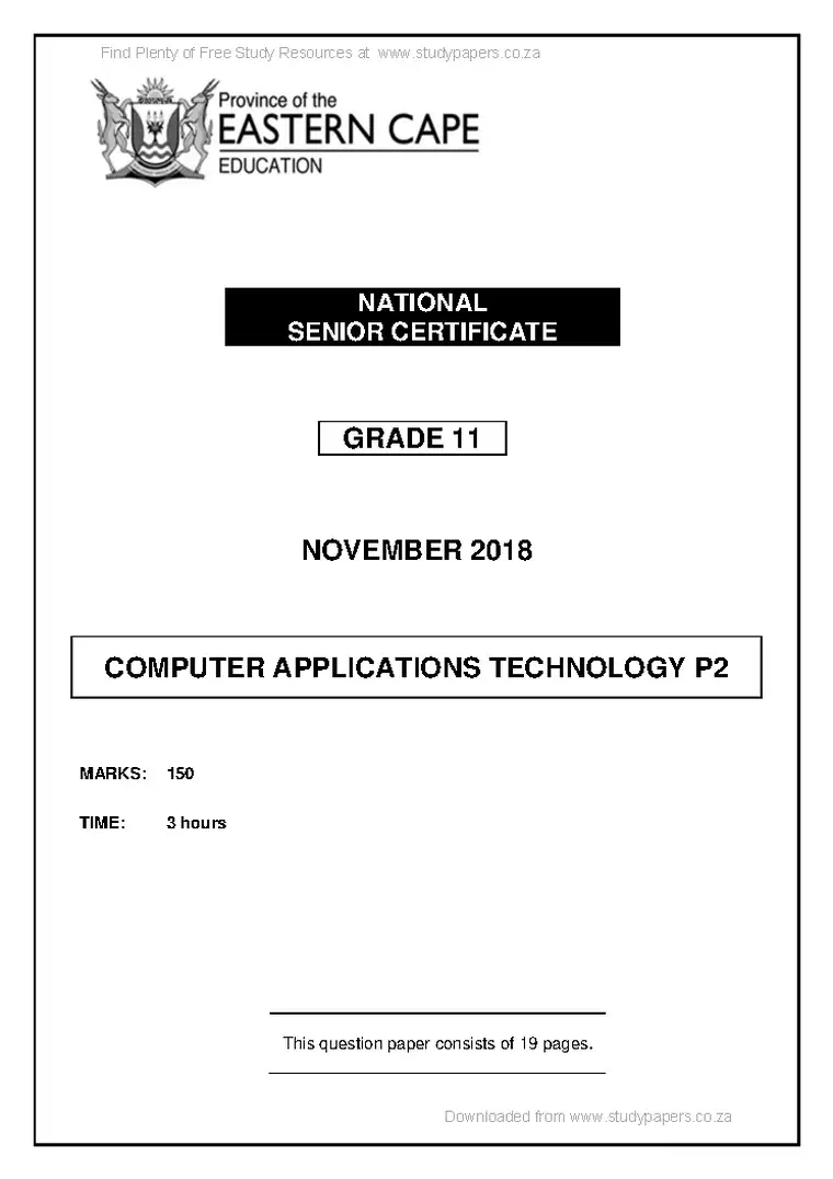 Computer Applications Technology (CAT) Grade 11 Term 4 November 2018 Paper 2 question paper PDF, preview of the first page of questions