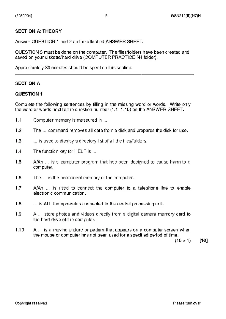 Computer Practice N4 November 2018 question paper PDF, preview of the first page of questions