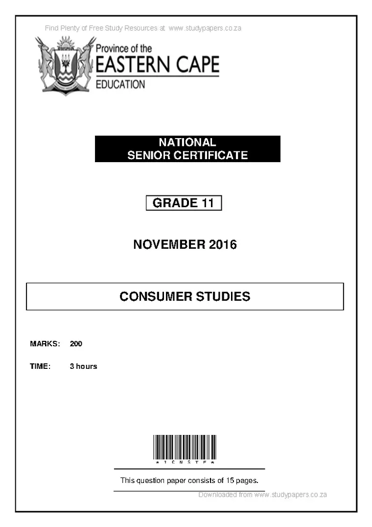 Consumer Studies Grade 11 Term 4 November 2016 question paper PDF, preview of the first page of questions