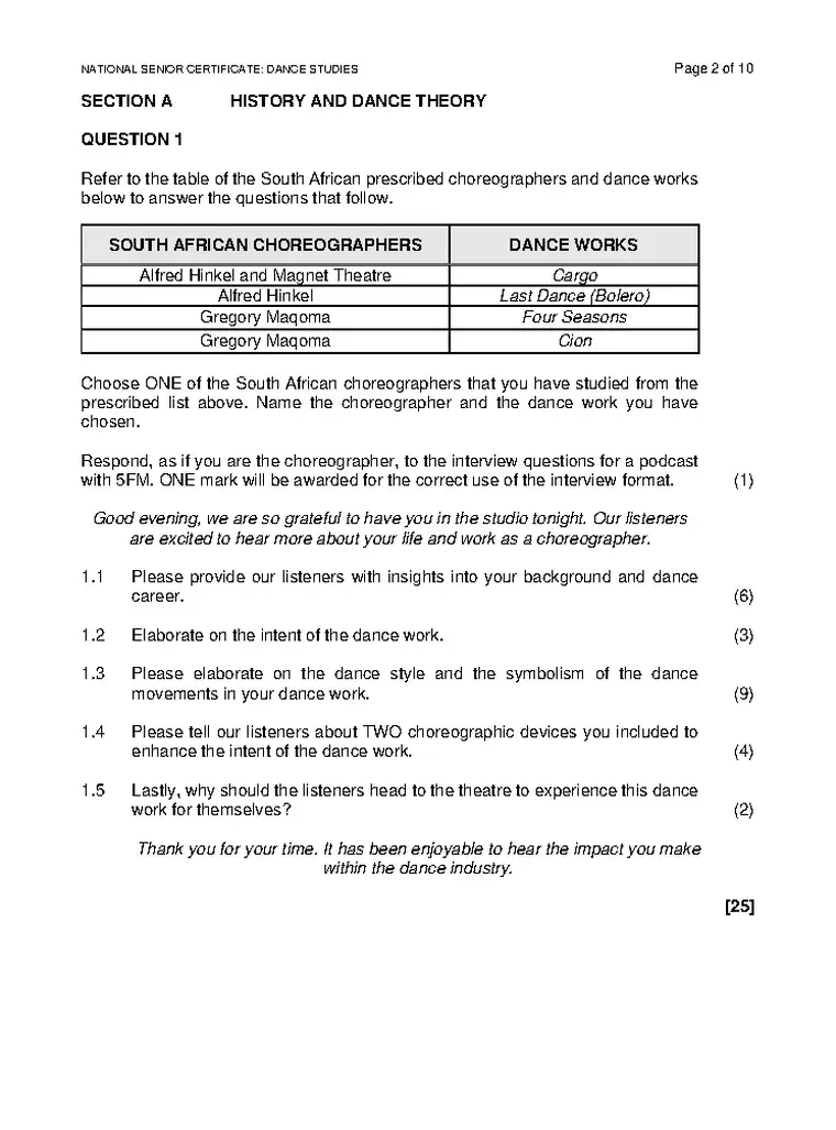 IEB Dance Grade 12 Term 4 2024 question paper preview