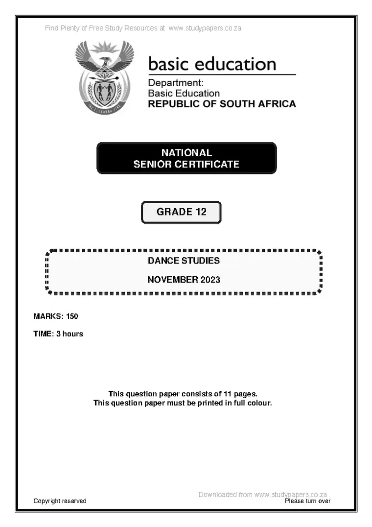 Dance Studies Grade 12 Term 4 November 2023 question paper PDF, preview of the first page of questions