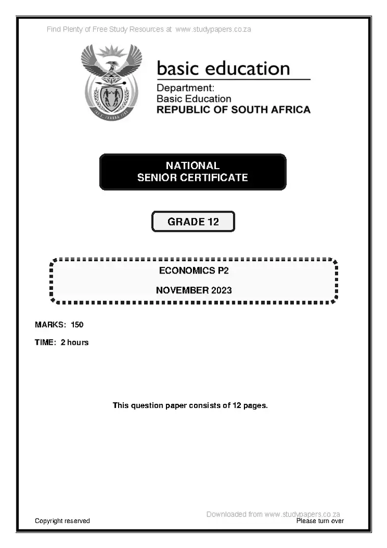 Economics Grade 12 Term 4 November 2023 Paper 2 question paper PDF, preview of the first page of questions