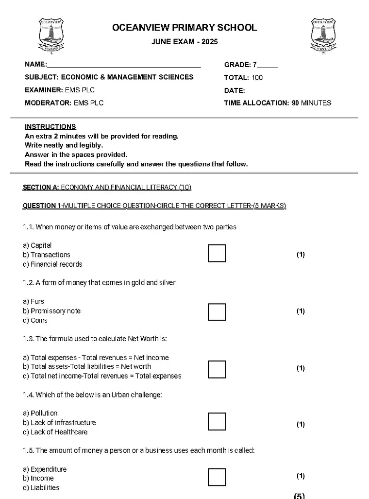 Economics Management and Science Grade 7 Term 2 2025 question paper preview