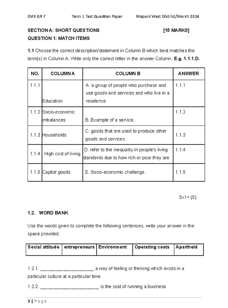 Economics Management and Science Grade 7 Term 1 2026 question paper preview