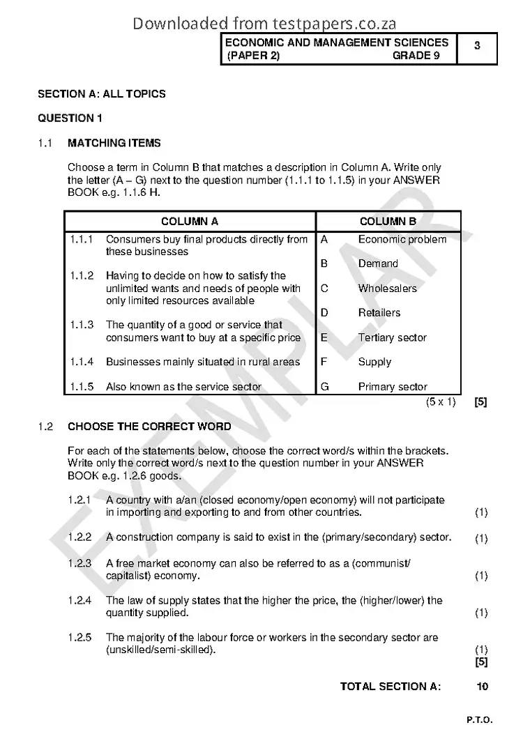 Economic and Management Sciences (EMS) Grade 9 Term 2 June 2022 Paper 2 question paper PDF, preview of the first page of questions