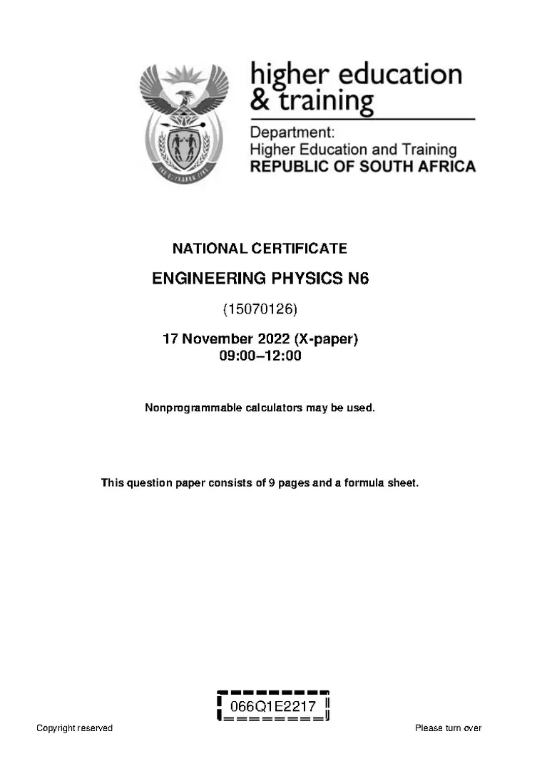 Engineering Physics N6 November 2022 question paper PDF, preview of the first page of questions