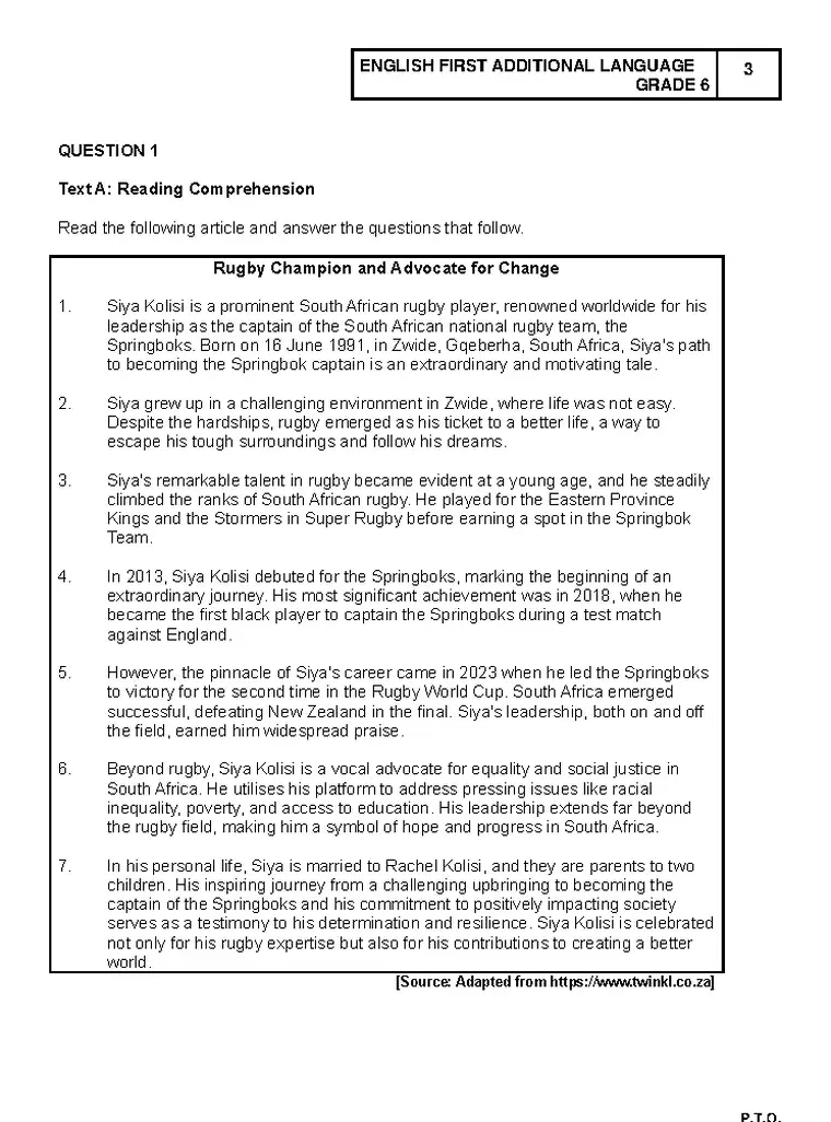 English Grade 6 Term 2 2024 question paper preview