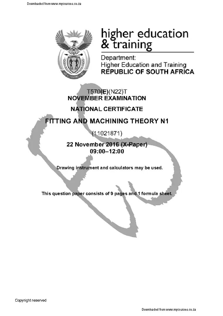 Fitting and Machining N1 November 2016 question paper PDF, preview of the first page of questions