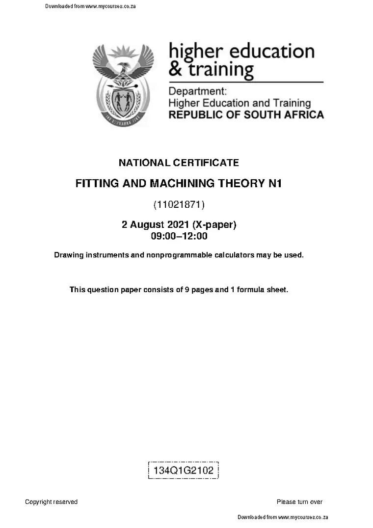 Fitting and Machining N1 August 2021 question paper PDF, preview of the first page of questions