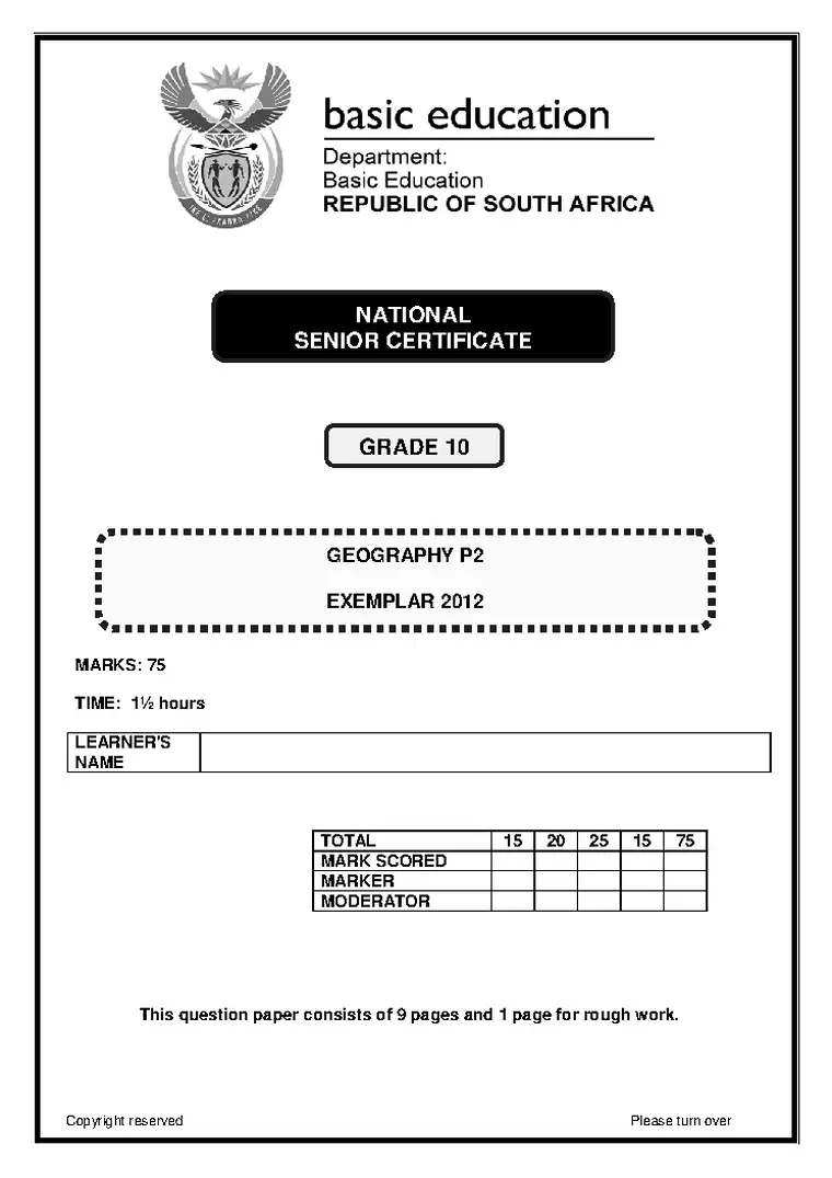 Geography Grade 10 Exemplar 2012 Paper 2 question paper PDF, preview of the first page of questions