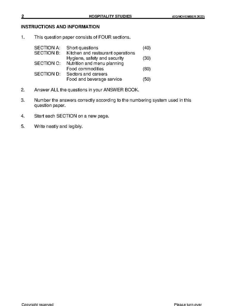 Hospitality Grade 11 Term 4 2022 question paper preview