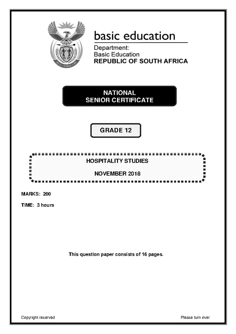 Hospitality Studies Grade 12 Term 4 November 2018 question paper PDF, preview of the first page of questions
