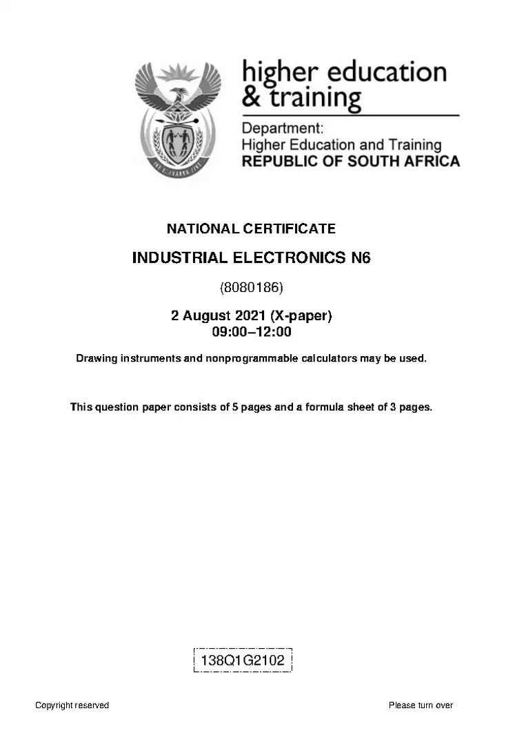 Industrial Electronics N6 August 2021 question paper PDF, preview of the first page of questions