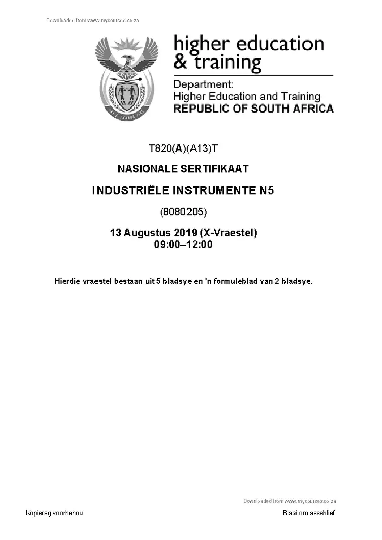 Industrial Instruments N5 August 2019 question paper PDF, preview of the first page of questions