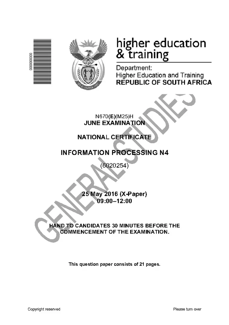 Information Processing N4 June 2016 question paper PDF, preview of the first page of questions