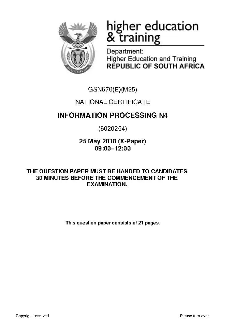 Information Processing N4 June 2018 question paper PDF, preview of the first page of questions