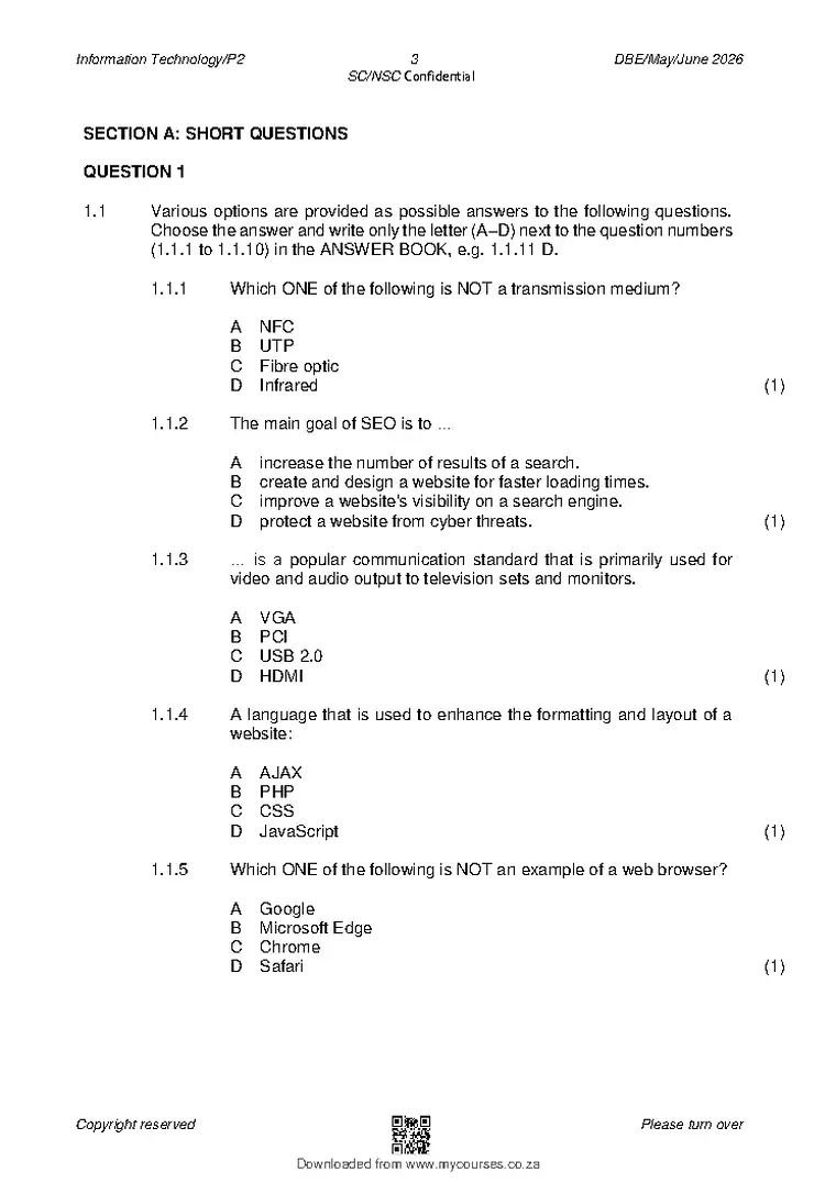 Information Technology Grade 12 Term 2 May/June 2026 Paper 2 question paper PDF, preview of the first page of questions