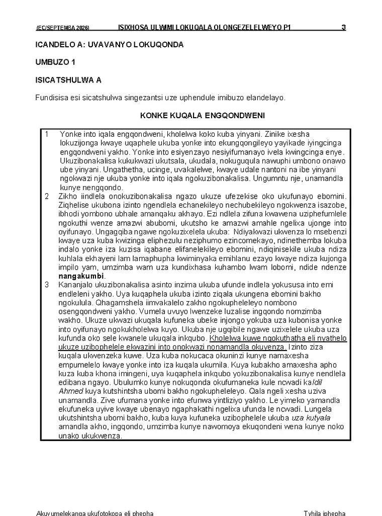 IsiXhosa Language Grade 12 Term 3 2026 question paper preview