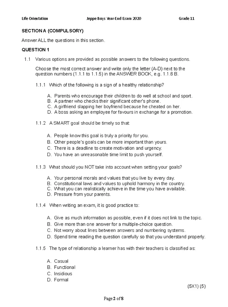 Life Orientation Grade 11 Term 4 2020 question paper preview