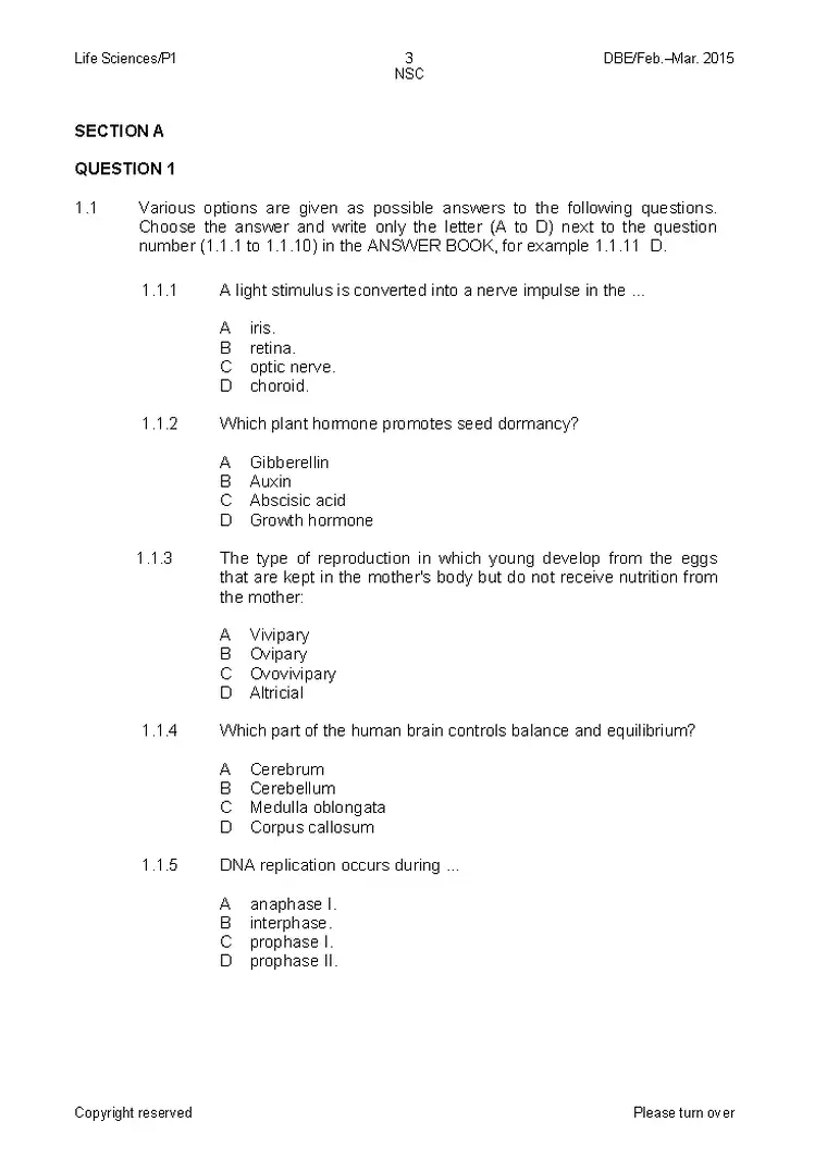 Life Sciences Grade 12 Term 1 Feb/March Supplementary 2015 Paper 1 question paper PDF, preview of the first page of questions