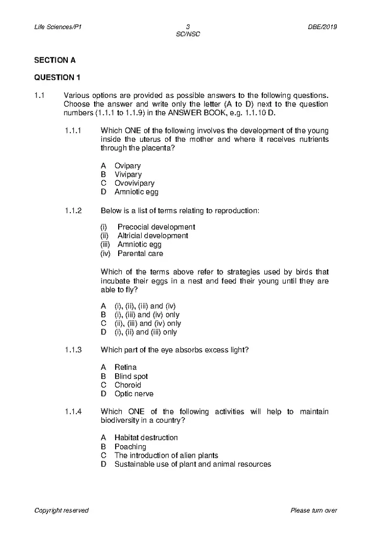 Life Sciences Grade 12 Term 2 May/June 2019 Paper 1 question paper PDF, preview of the first page of questions