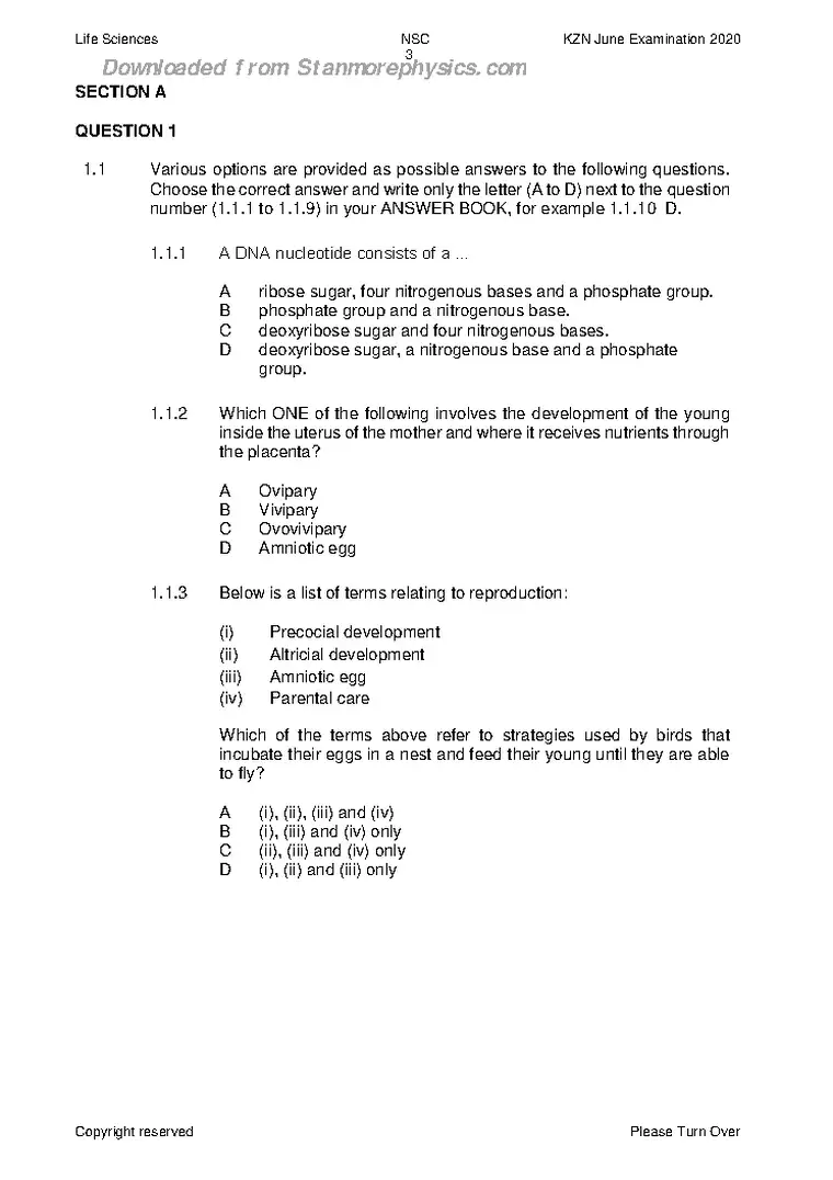 Life Sciences Grade 12 Term 2 June 2020 question paper and memo PDF, preview of the first page of questions
