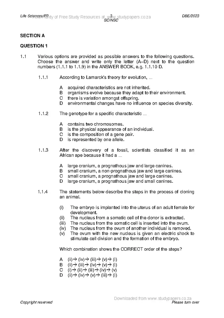Life Sciences Grade 12 Term 2 May/June 2023 Paper 2 question paper PDF, preview of the first page of questions