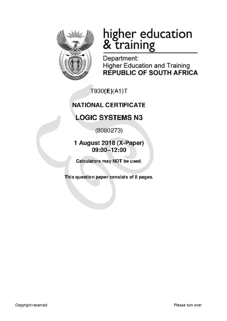 Logic Systems N3 August 2018 question paper PDF, preview of the first page of questions