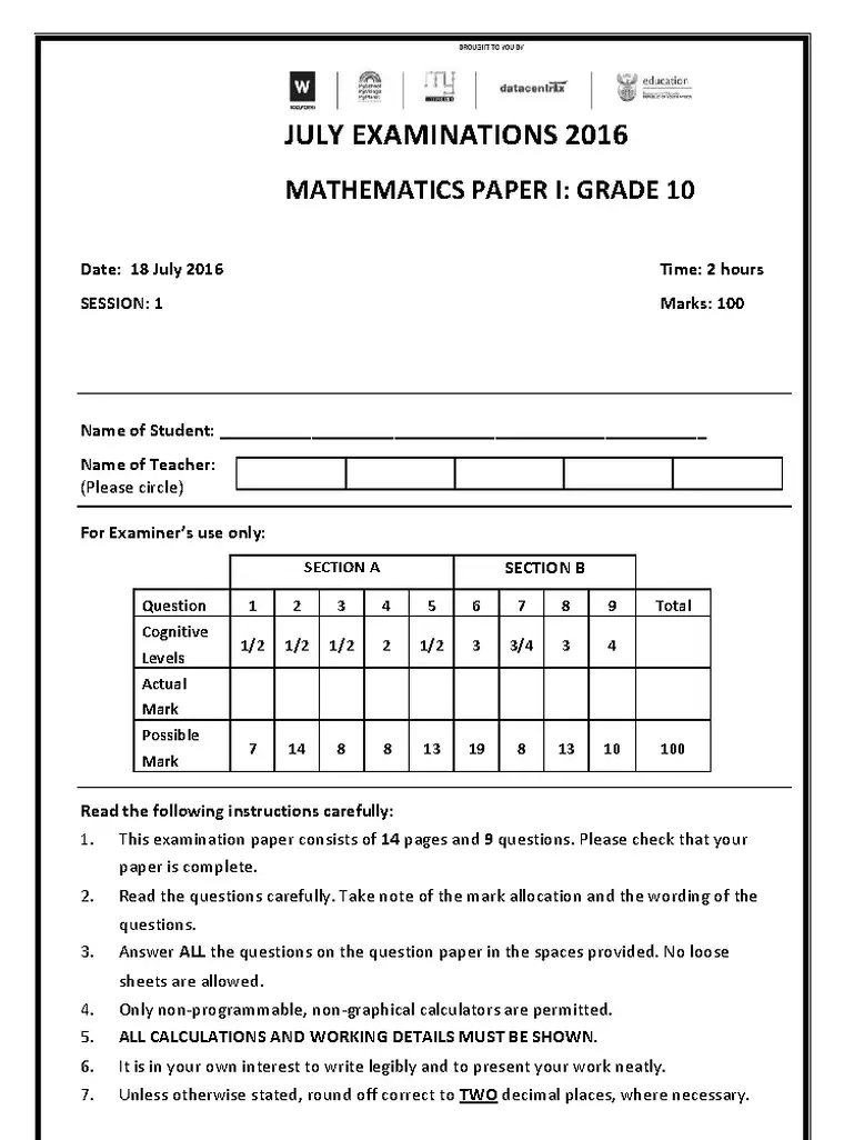 IEB Mathematics Grade 10 Term 3 2016 question paper preview