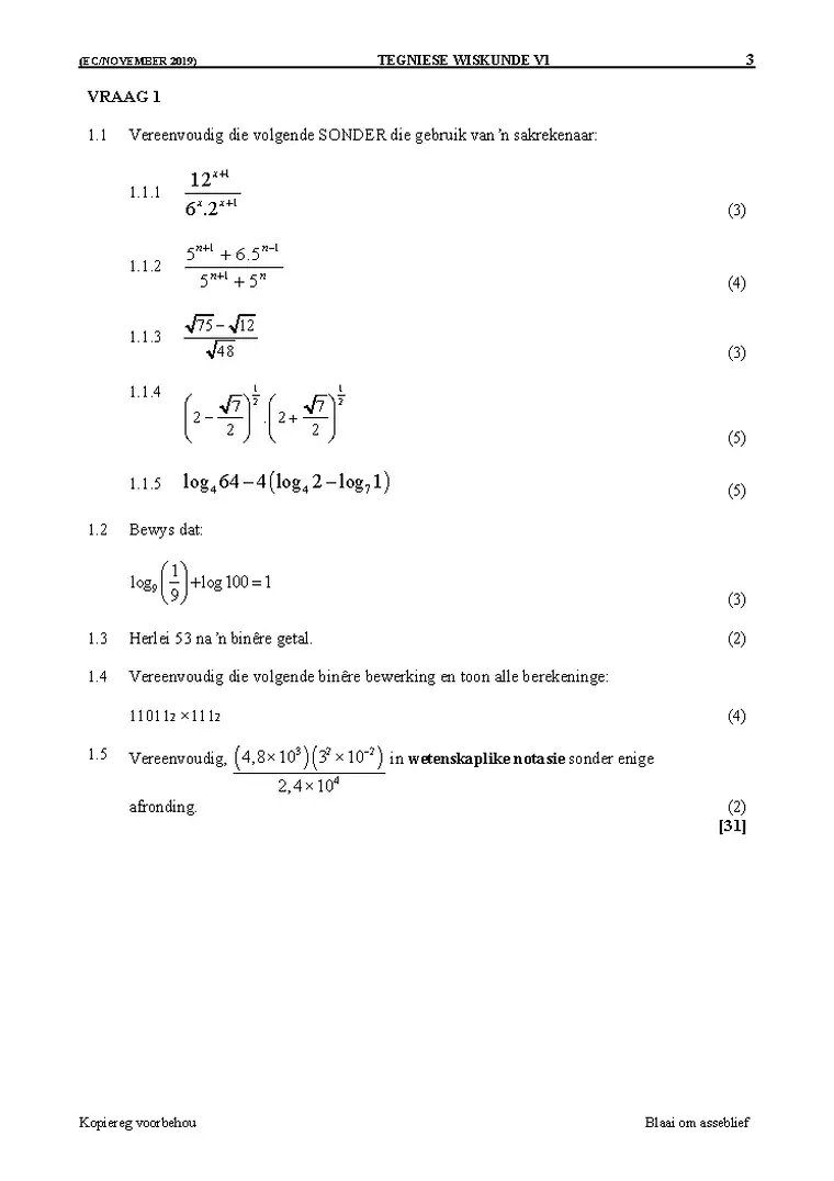 Mathematics Grade 11 Term 4 November 2019 Paper 1 question paper PDF, preview of the first page of questions