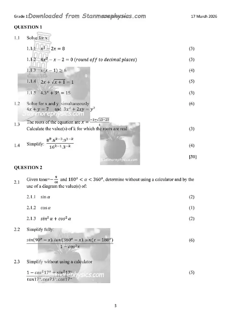 Mathematics Grade 11 Term 1 2026 question paper preview