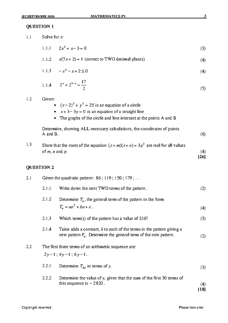 Mathematics Grade 12 Term 3 September Trial 2020 Paper 1 question paper PDF, preview of the first page of questions