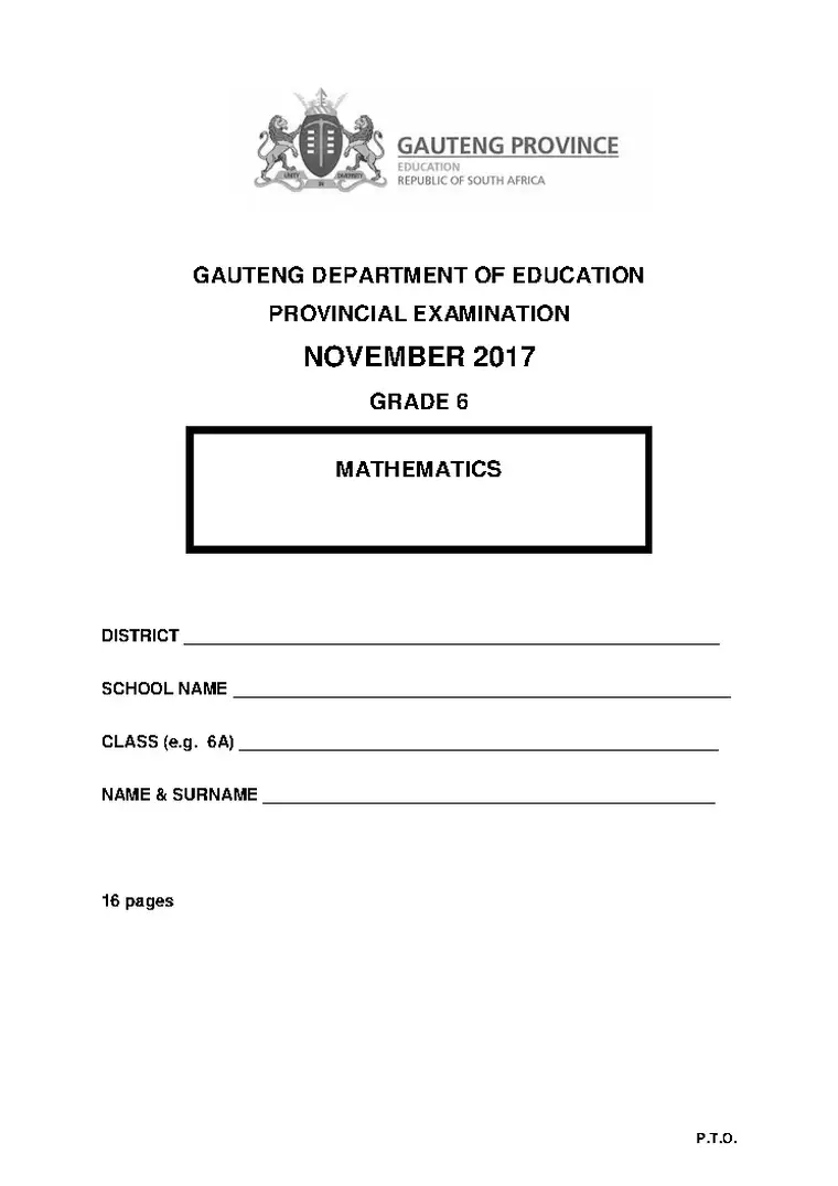 Mathematics Grade 6 Term 4 November 2017 question paper PDF, preview of the first page of questions