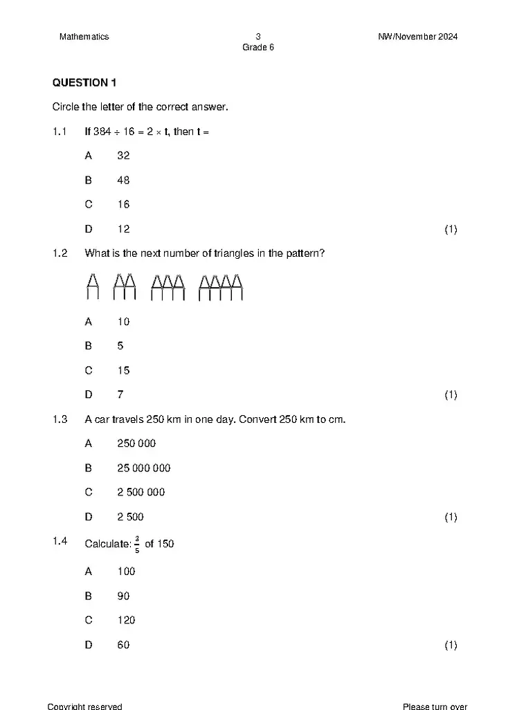 Mathematics Grade 6 Term 4 2024 question paper preview