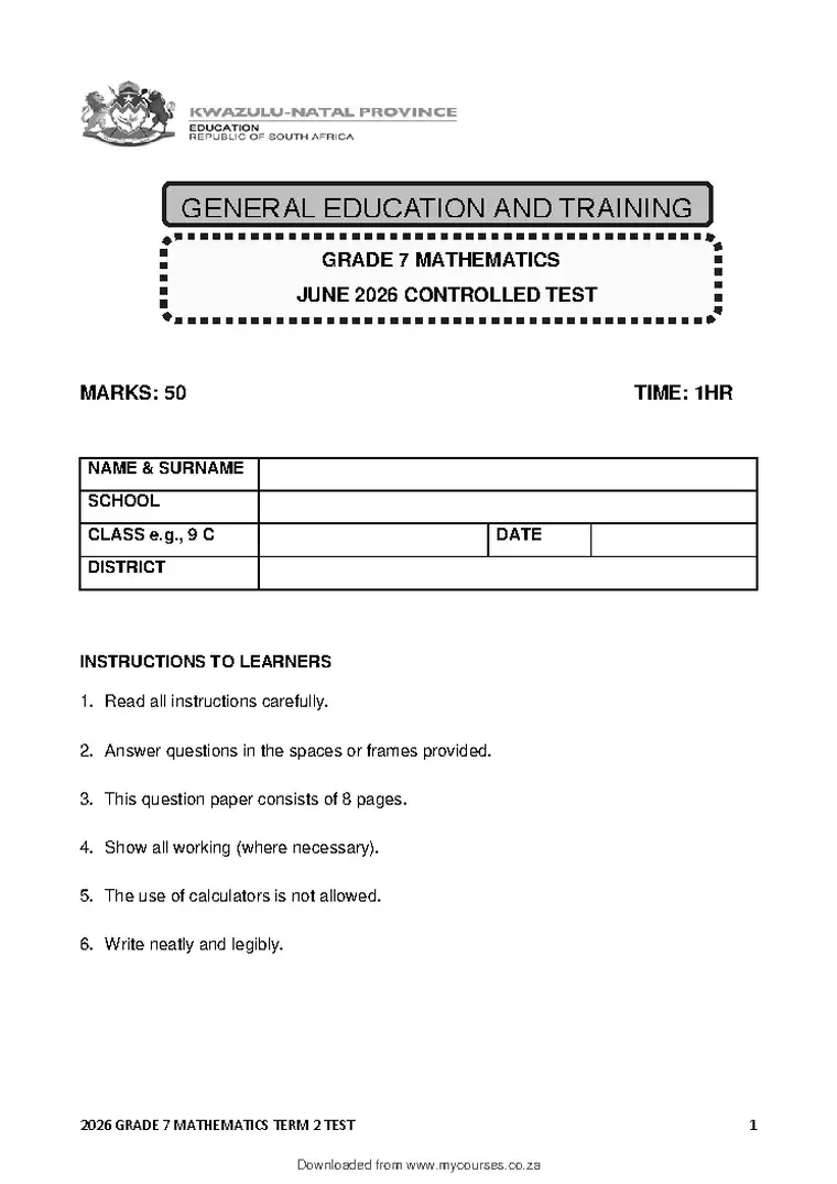 Mathematics Grade 7 Term 2 June Common Test 2026 question paper PDF, preview of the first page of questions
