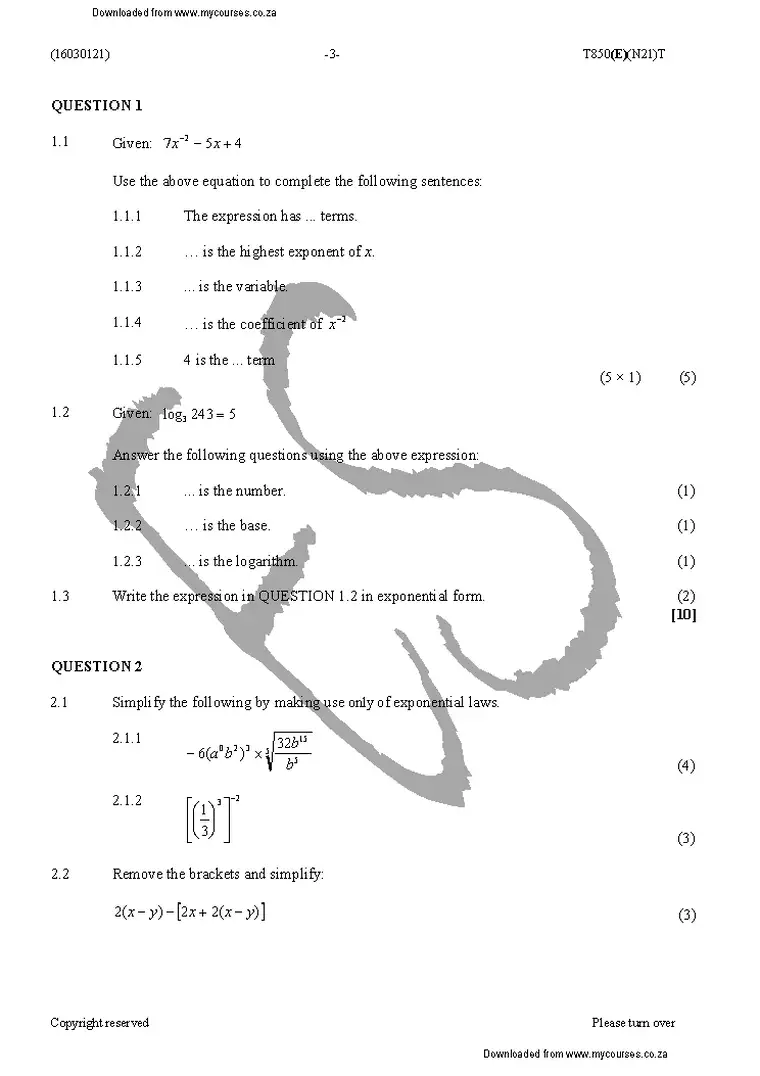 Mathematics N1 November 2016 question paper PDF, preview of the first page of questions