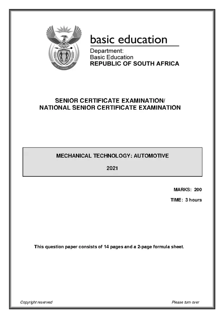 Mechanical Technology Grade 12 Term 2 May/June 2021 question paper PDF, preview of the first page of questions