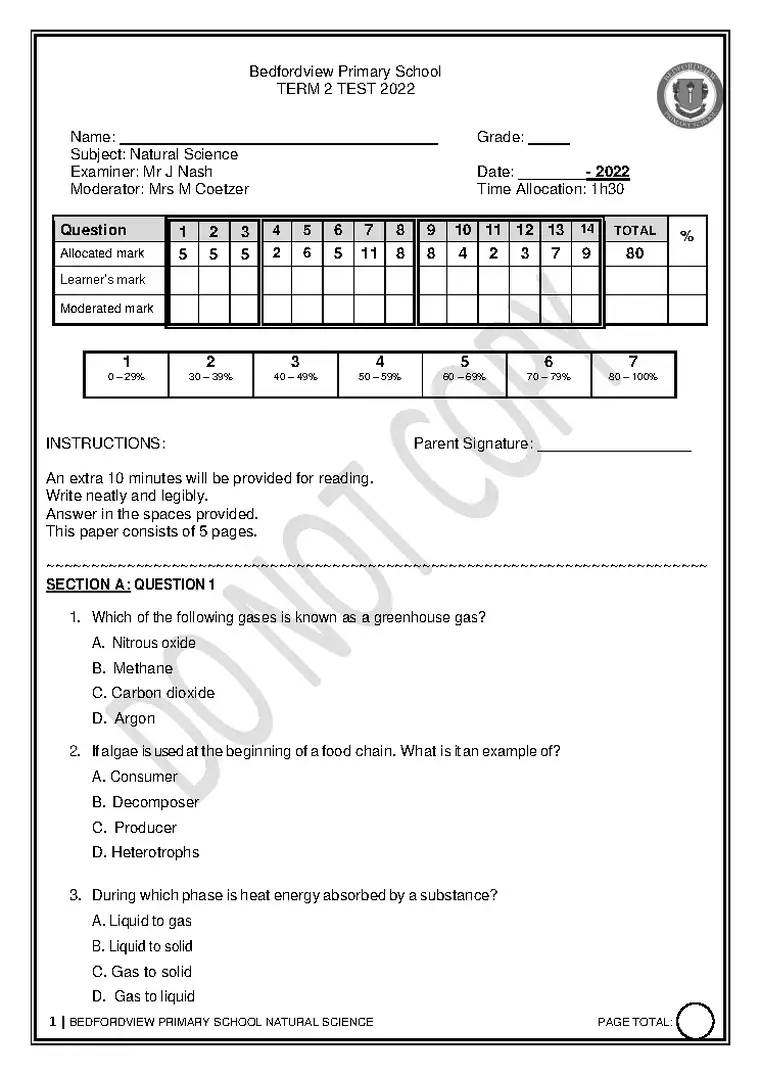 Natural Sciences Grade 7 Term 2 June 2022 question paper PDF, preview of the first page of questions