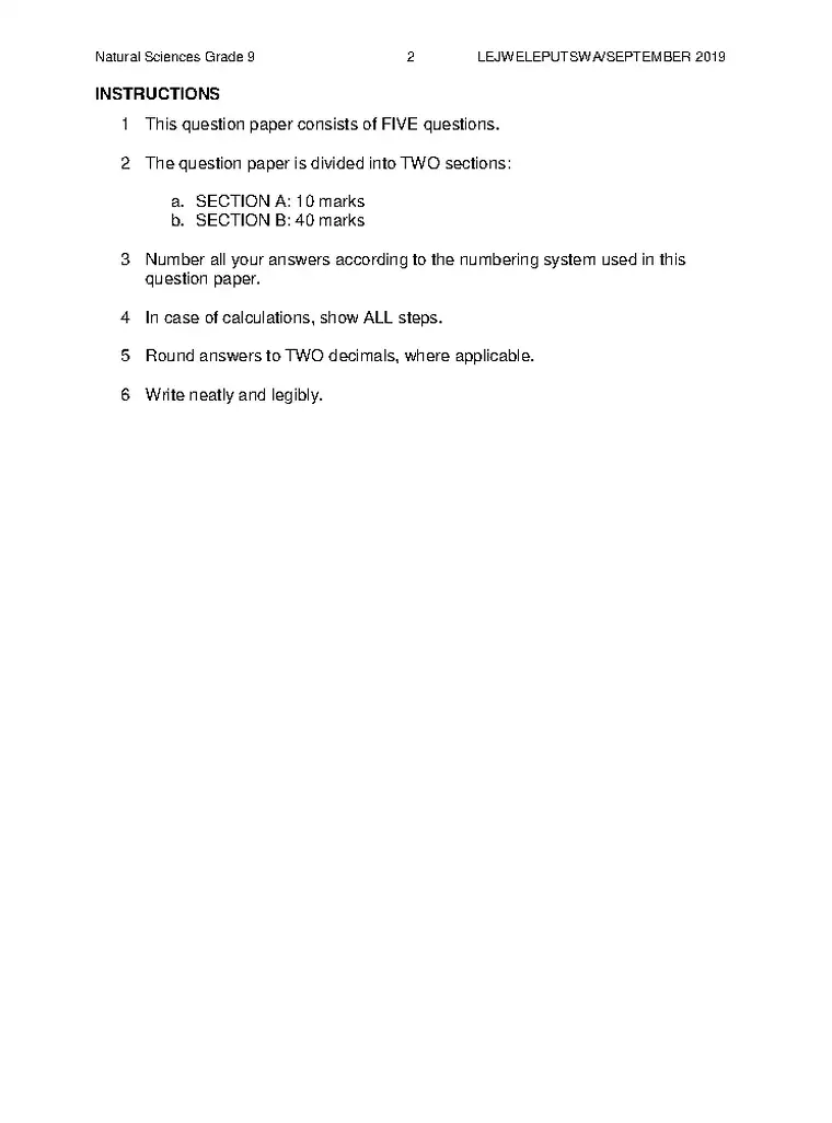 Natural Sciences Grade 9 Term 3 2019 question paper preview