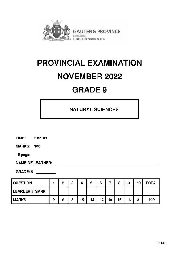 Natural Sciences Grade 9 Term 4 November 2022 question paper PDF, preview of the first page of questions